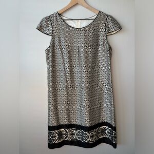 Sara Campbell‎ Silk Dress Women's 14 Shift Short Sleeve Black Cream Print Midi